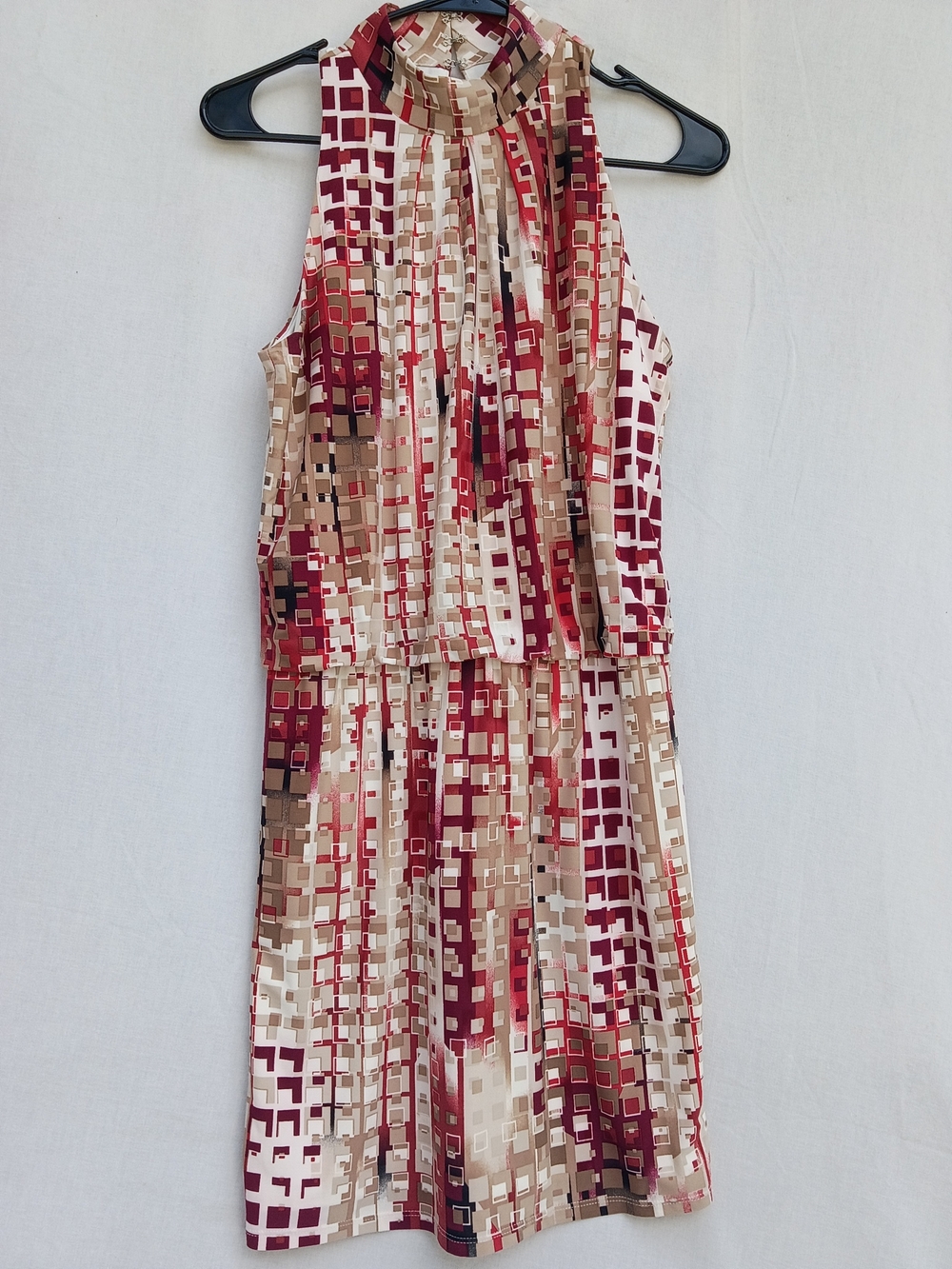 White House Black Market Sleeveless Halter Midi Dress in Red and Beige Geometric